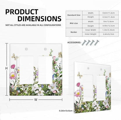Decorative Outlet Covers Rustic Green Leaf Pink Flowers Butterfly 2 Gang Wall Plate Double Rocker Two Switch Wall Cover Plate Light Switch Cover Plate Faceplate for Country Bedroom Decor