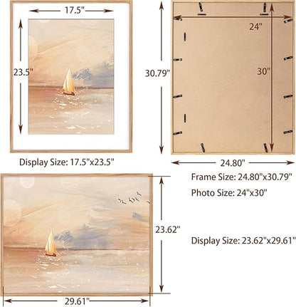 Fun Memories 24x30 Oak Wood Picture Frame, 24"x30" Poster Frame for Wall, Rustic Wood Frame 24x30 with Real Glass, 24 x 30 Frame with Mat for 18 x 24, Large Art Frames (Beige Oak Color, 1 Pack)