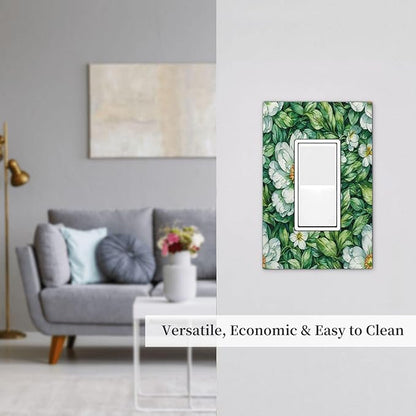 Vintage Floral White Flowers Green Plants Leaves Decorative Outlet Covers 1 Gang Single Rocker Light Switch Cover Plate Wall Plates GFCI Faceplate for Bedroom Bathroom Decor