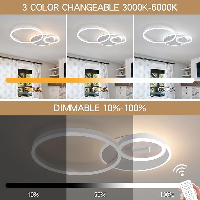 O'NEELDY Modern 3 Ring LED Chandelier Lamp Fixture White 25.59''Dimmable Acrylic Flush Mount Ceiling Lights with Remote Control Ideal for Small Room, Kitchen, Bedroom