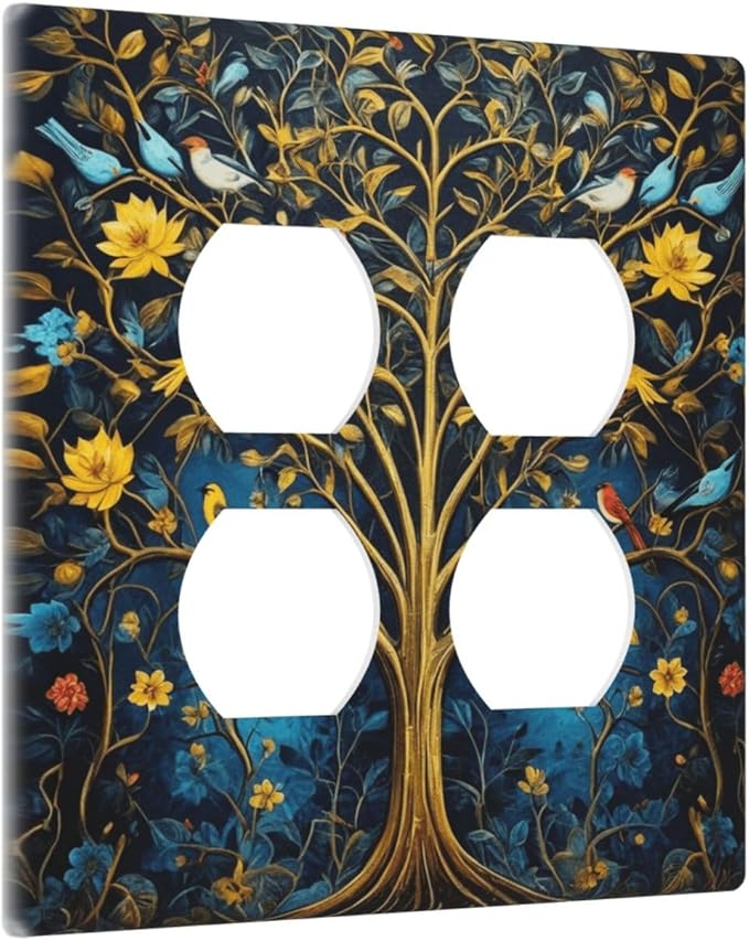 Decorative Outlet Covers Gold Tree of Life Blue Bird Yellow Flower 2 Gang Wall Plate Double Duplex Light Switch Cover Switch Plate Covers Faceplate for Bedroom Home Decor