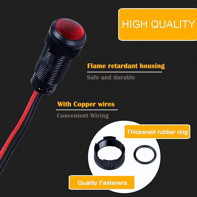 5pcs 10mm LED Indicator Light Plastic Black Signal Dot Lamp 12V-24V 2/5" Mounting Hole Size with 15cm/5.9in. Wire (Mix:Red White Yellow Blue Green)