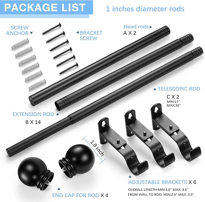 Curtain Rods for Windows 16 to 136 Inches, Curtain Rod Max Adjustable Length of 144 IN, 1" Diameter Drapery Rods Round Finials, Black, Pack of 2
