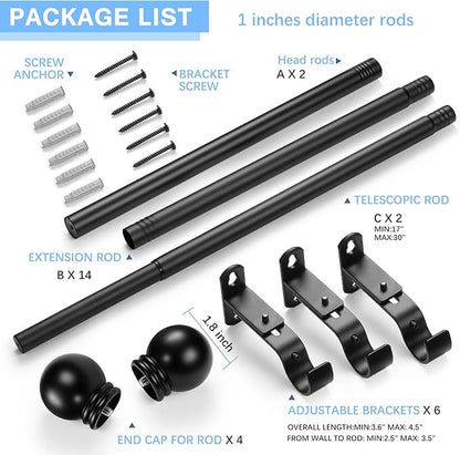 Curtain Rods for Windows 16 to 136 Inches, Curtain Rod Max Adjustable Length of 144 IN, 1" Diameter Drapery Rods Round Finials, Black, Pack of 2
