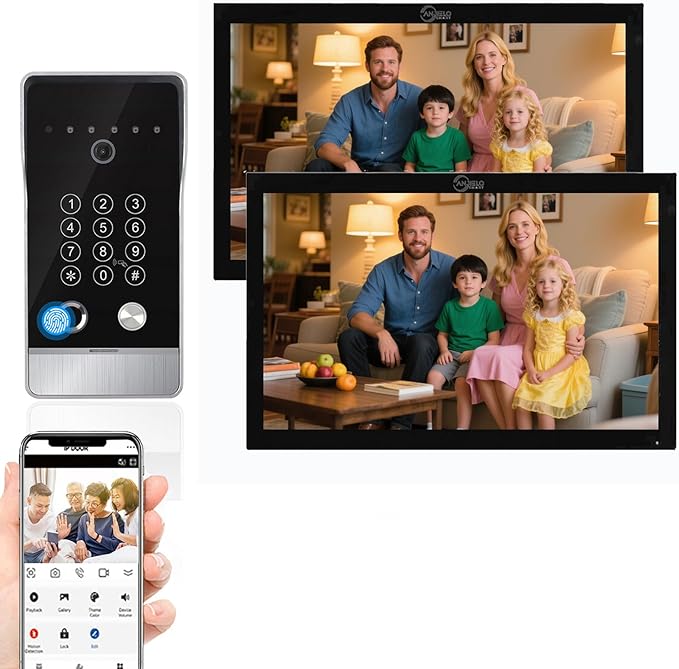 Wired Video Door Phone Apartment Intercom System,10 Inch Touch Monitor with 1080P doorbell,Support Fingerprints, RFID Cards,Passwords,Unlock Motion Detection for Home (1 Doorbell + 2 Monitor)