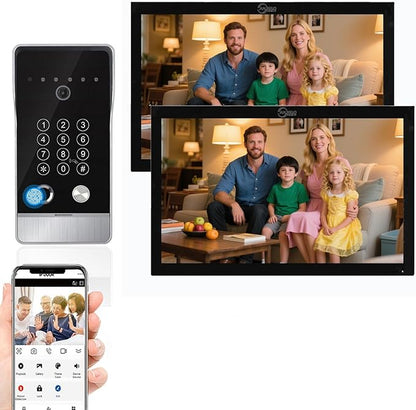 Wired Video Door Phone Apartment Intercom System,10 Inch Touch Monitor with 1080P doorbell,Support Fingerprints, RFID Cards,Passwords,Unlock Motion Detection for Home (1 Doorbell + 2 Monitor)
