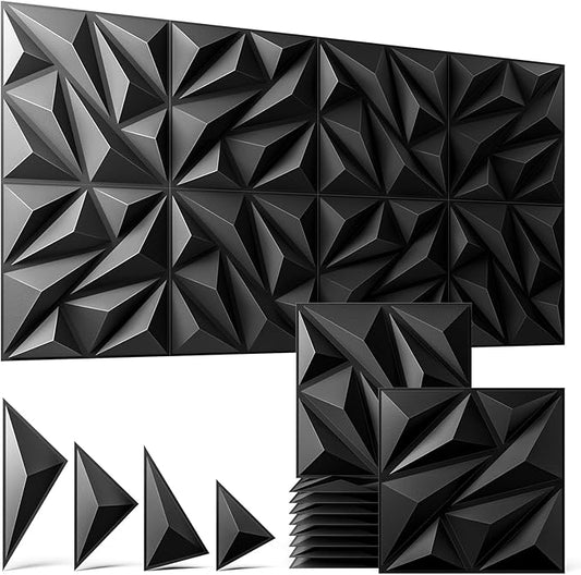 48 Pack 3D Wall Panels for Interior Wall Decor, 11.8'' x 11.8'' Decorative Wall Panels, Accent Wall Panels, 3D Diamond Design Wall Decor for Living Room, Bedroom, Gaming Room, Black
