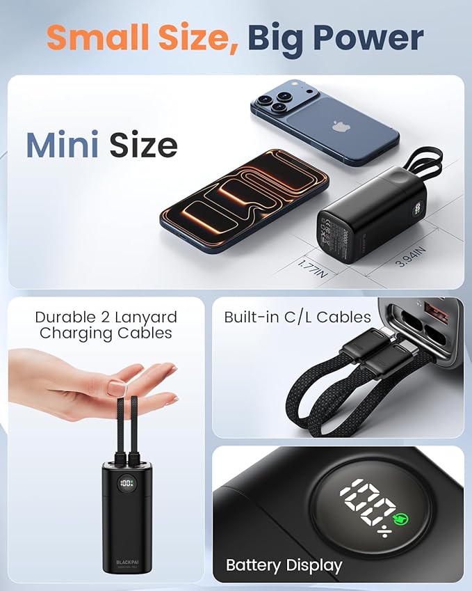 Portable Power Bank 20,000mAh, PD 35W Portable Charger Super Fast Charging with 2 Built-in Cables, USB-C Digital Display Battery Pack for iPhone Air 17/16/15/14/13, Portable Travel Charger