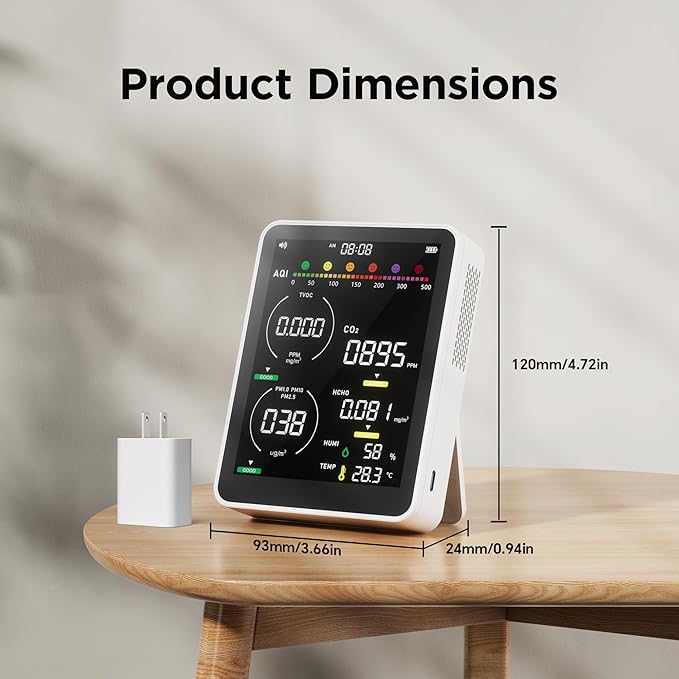 Air Quality Monitor Indoor,13-in-1 Smart Air Quality Tester with PM 2.5, CO2, TVOC, HCHO, PM1, AQI, PM10, Temperature & Humidity, Real Time Display, Battery Powered, for Home & Office (Ice White)