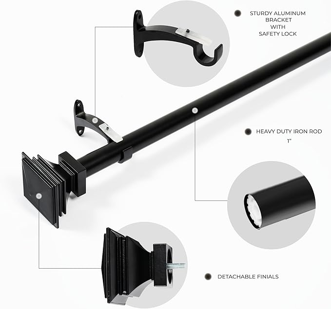 Deco Window Adjustable Curtain Rod for Windows 44 to 120 Inch (Pack of 1) Extendable Heavy Duty 1 Inch Iron Drapery Pole with Finials Wall Mounted French Door Curtain Rods (Black)