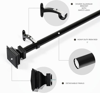 Deco Window Adjustable Curtain Rod for Windows 44 to 120 Inch (Pack of 1) Extendable Heavy Duty 1 Inch Iron Drapery Pole with Finials Wall Mounted French Door Curtain Rods (Black)