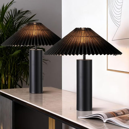 Modern Table Lamp with Metal Blade Lampshade and Cylindrical Base, E26 Bulb Compatible, Contemporary Accent Light for Living Room, Bedroom, Office (Black)