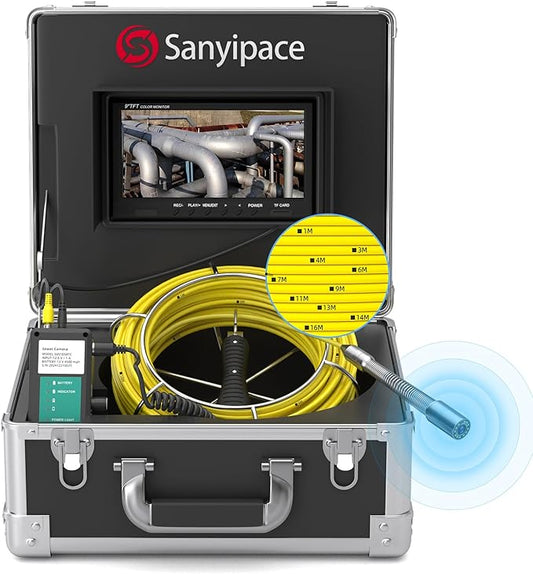 Sanyipace Self-Leveling Sewer Camera 165FT/50M, Drain Camera with 512Hz Transmitter, Pipe Plumbing Camera with Meter Marks, IP68 Waterproof Camera Probe, 9" HD Color Screen, 16GB TF Card