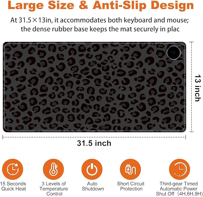 Heated Mouse Pad for Desk 31.5" x 13" – PU Leather Warm Desk Pad with 3 Heat Levels (104°F/113°F/122°F), Plug-in Electric Heating Mat with Auto Shut-Off, Waterproof & Rollable, Dark Leopard Print