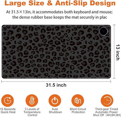 Heated Mouse Pad for Desk 31.5" x 13" – PU Leather Warm Desk Pad with 3 Heat Levels (104°F/113°F/122°F), Plug-in Electric Heating Mat with Auto Shut-Off, Waterproof & Rollable, Dark Leopard Print
