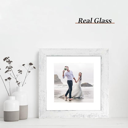 iRahmen 8x8 Picture Frames Set of 4 with Real Glass, Distressed White Frame Display 6x6 Pictures with Mat or 8 x 8 Without Mat, Wood Square Photo Frame for Wall Mount and Tabletop Display