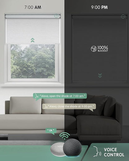 Yoolax Motorized Blinds with Remote, Blackout Smart Blinds for Windows Motorized Roller Shades, Automatic Window Blinds Directly Compatible with Alexa Electric Blinds (Jacquard White, 43" W x 72" H)