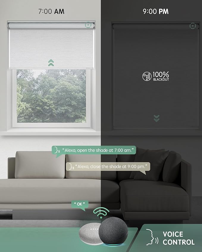 Yoolax Motorized Blinds with Remote, Blackout Smart Blinds for Windows Motorized Roller Shades, Automatic Window Blinds Directly Compatible with Alexa Electric Blinds (Jacquard White, 23" W x 72" H)