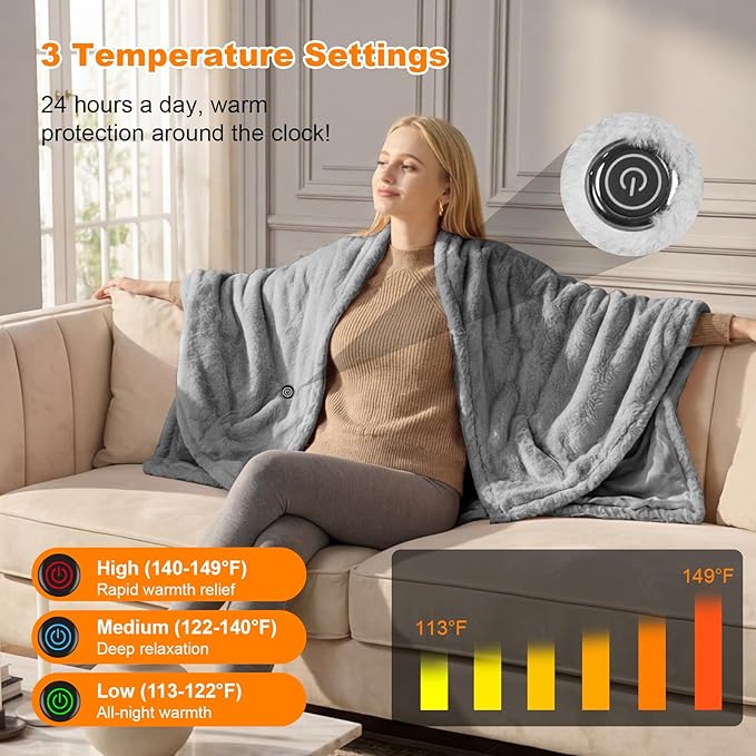 Cordless Heated Blanket Battery Operated with Fleece Lining 7.4V 16000mAh Battery Portable Wearable Heated Shawl for Women Men 6 Heating Zones 3 Fast-Heating Levels (Battery Included)