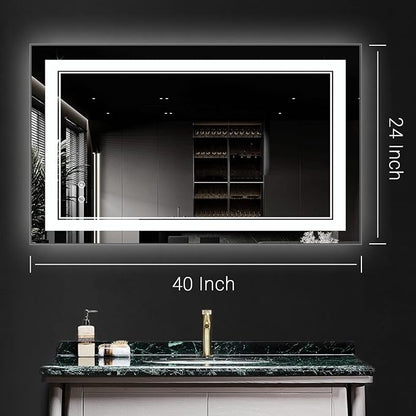LED Bathroom Mirror Wall-Mounted Vanity Mirror with Anti Fog,Dimmable Waterproof Smart Touch Button Makeup Mirror with Lights Vertical & Horizontal (40x24 Inch)