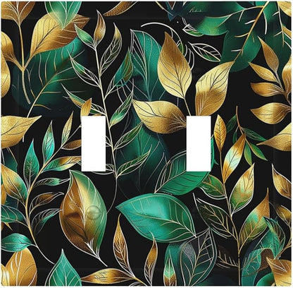 Decorative Switch Plates Vintage Dark Green Vine Leaf Golden Plants 2 Gang Double Toggle Outlet Light Switch Cover Wall Plate Electrical Faceplate for Bed Room Cabin Decor