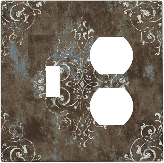 Decorative Outlet Covers Brown Vintage Abstract Floral 2 Gang Wall Plate Cover Single Toggle Duplex Combo Two Switch Light Switch Cover Plate Jumbo Dual GFCI Faceplate for Home Decor