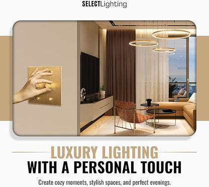 2-Gang Satin Solid Brass Rotary Dimmer Switch, 15A 120V AC Wall Mount, TRIAC/Leading Edge 1-Way Compatible, Dimmable LED Light Control with Knob, Faceplate & Dimming Module