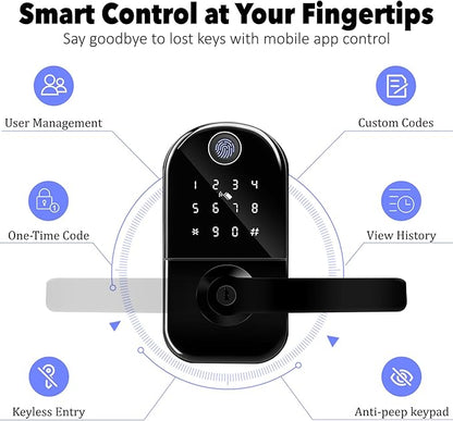 Fingerprint Smart Door Lock with Handle, Keyless Entry Door Knob with Digital Keypad, Electric Deadbolt Remote App Access & Doorbell, Digital Lock for Home, Office Matte Black