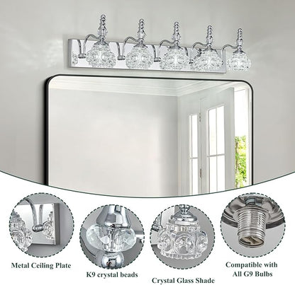 Modern Glass Crystal Vanity Light - Vintage Bathroom Lighting Fixtures Over Mirror, 5 Light Vanity Lights, G9 Bulb (35.43 Inch, Chrome)