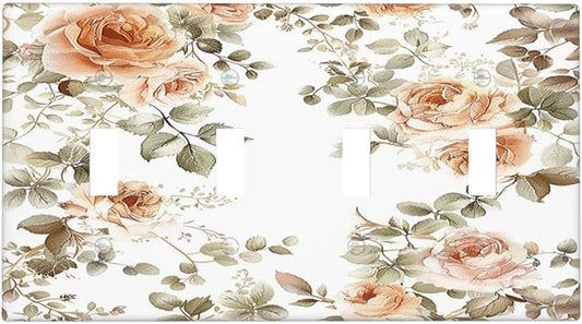Light Switch Covers Vintage Warm Color Orange Flowers And Leaves Quad Toggle Electrical Faceplate 4 Gang Wall Plate Decorative Switch Plates for Bedroom living Room Decor