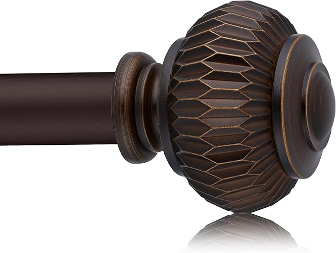 Bronze Curtain Rods for Windows 48 to 84 Inches, 1 Inch Adjustable Heavy Duty, Lantern Ball Finials, Window Treatment Single Rod Set