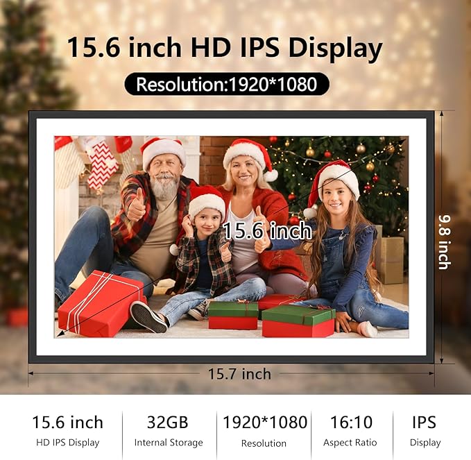 SSAWIFIFRAME Digital Picture Frame 15.6 inch Large 32GB WiFi Digital Photo Frame, Easy to Share Photos and Videos via Free App, IPS Touch Screen, Auto-Rotate, Send 50 Photos one time no Limit
