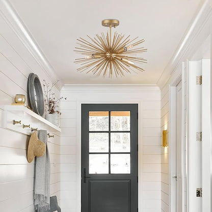 Starburst Chandelier, 4 Lights Modern Gold Sputnik Chandelier Vintage Light Fixture Flush Mount Ceiling Light for Bedroom Kitchen Island Entryway Foyer,20in