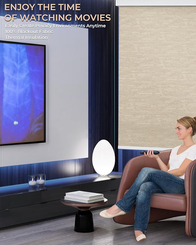 Motorized Roller Shade with Remote Control, 100% Blackout Electric Blinds for Windows with Alexa Google Home via Hub, Rechargeable Smart Automatic Customized Size（Texture-Coffee）