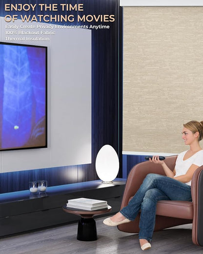 Motorized Roller Shade with Remote Control, 100% Blackout Electric Blinds for Windows with Alexa Google Home via Hub, Rechargeable Smart Automatic Customized Size（Texture-Coffee）