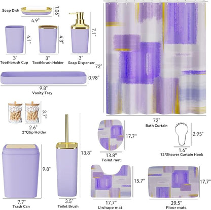 Bathroom Accessories Set - 25PC Bathroom Set with Shower Curtain and Rugs, Purple Bathroom Set, Bathroom Accessory Set with Press-on Lid Trash Can, Soap Dispenser and Qtip Holders
