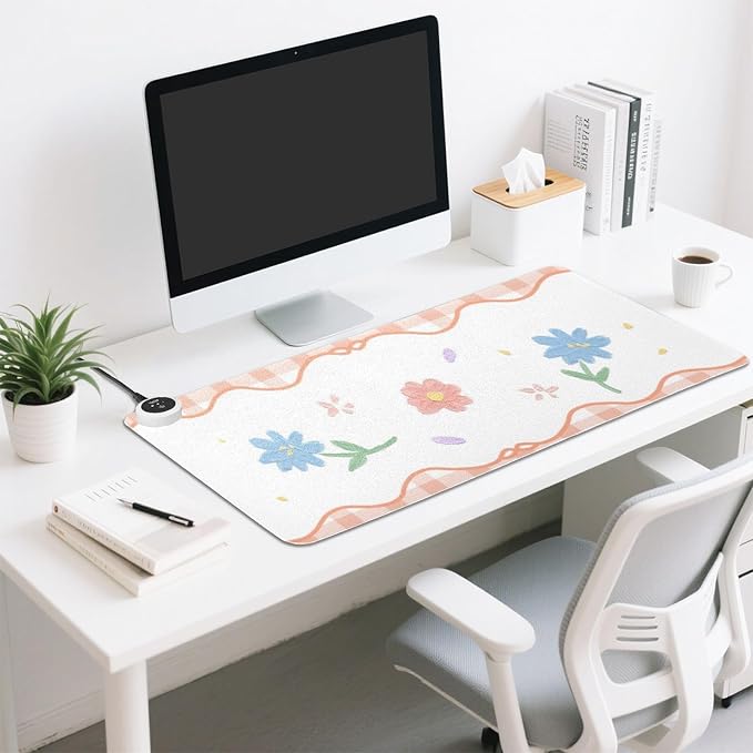 Orange Floral Plaid Heated Desk Pad Mouse Pad 31.5x13 Inch PU Leather Desk Mat with 3 Heat Levels Large Mouse Gaming Computer Laptop Mat