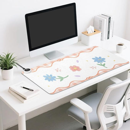 Orange Floral Plaid Heated Desk Pad Mouse Pad 31.5x13 Inch PU Leather Desk Mat with 3 Heat Levels Large Mouse Gaming Computer Laptop Mat