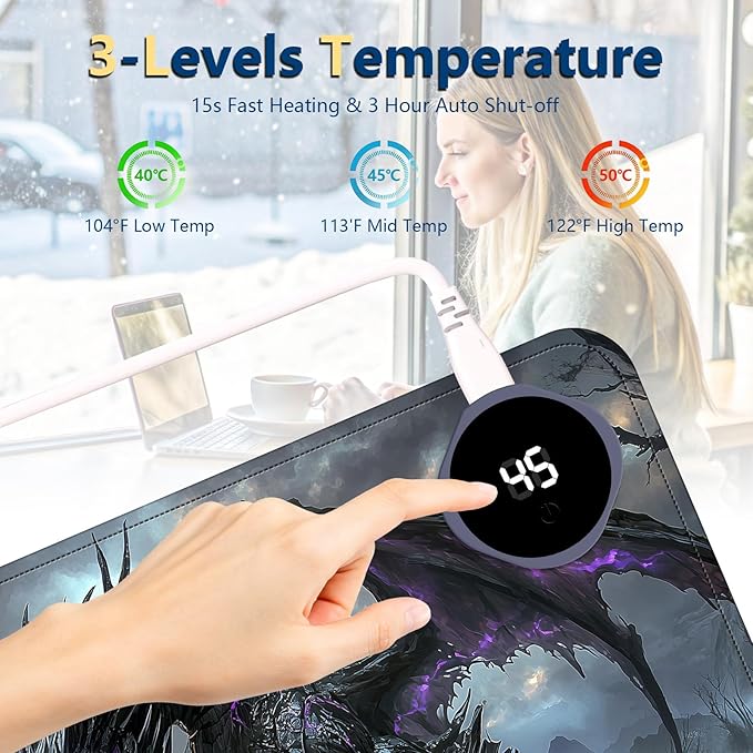 Heated Mouse Pad with 3 Temperature Settings(104°F–122°F),Large 24x14.2 Inch PU Leather Heated Desk Mat,Waterproof Warming Pad for Office,Gaming & Cold Hands Relief,Dark Dragon Fantasy