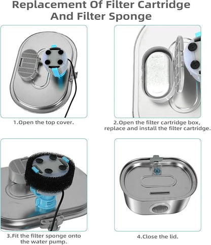 Cat Water Fountain Stainless Steel 3.2L/108oz Capacity, Automatic Pet Water Dispenser with Quiet Pump, and Dishwasher Safe Design for Cats, Dogs(Cat Fountain + 1 Filter + 1 Sponges)