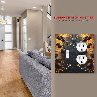 Decorative Outlet Covers Black Wood Board Gold Dust Coffee Beans 2 Gang Wall Plate Cover Single Toggle Duplex Combo Two Switch Light Switch Cover Plate Jumbo Face Plate
