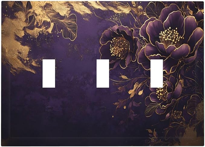 Decorative Purple Peony Gold Leaf Flowers Floral 3 Gang Wall Plate Oversized Triple Toggle Switch Cover Plate Jumbo Electrical Face Plate for Bedroom Decor