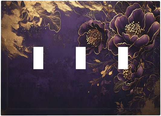 Decorative Purple Peony Gold Leaf Flowers Floral 3 Gang Wall Plate Oversized Triple Toggle Switch Cover Plate Jumbo Electrical Face Plate for Bedroom Decor