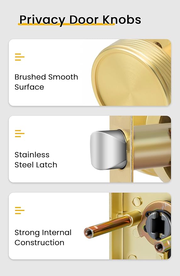 goldenwarm Gold Door Knobs Interior, Brushed Gold Door Knobs Square Privacy Door Knob for Bedroom Bathroom, Modern Heavy Duty Interior Doorknobs - 1 Pack Zinc-Alloy