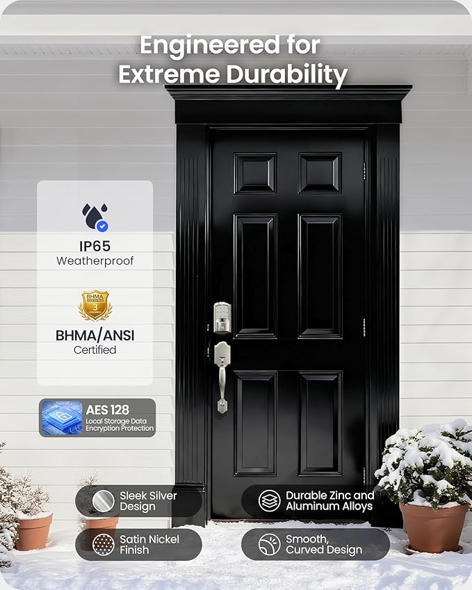 Veise VE027-H WiFi Fingerprint Smart Deadbolt Lock with Handleset, App Remote Control, Keyless Entry Front Door Lock Set, Built-in Wi-Fi, Touchscreen Keypad, Auto-Lock, Easy Setup, Satin Nickel