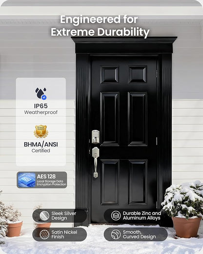 Veise VE027-H WiFi Fingerprint Smart Deadbolt Lock with Handleset, App Remote Control, Keyless Entry Front Door Lock Set, Built-in Wi-Fi, Touchscreen Keypad, Auto-Lock, Easy Setup, Satin Nickel