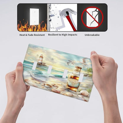 Light Switch Covers Beach Ocean Lighthouse Seashells Quad Toggle Electrical Faceplate 4 Gang Wall Plate Decorative Switch Plates For Bed Room Living Room Decor