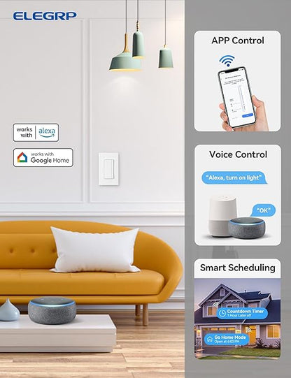 ELEGRP Single Pole Smart Dimmer Light Switch DPR10, 2.4GHz Wi-Fi Dimmer Switch Compatible with Alexa and Google Assistant, Needs Neutral Wire, No Hub Required, UL and FCC Listed, White, 2 Pack
