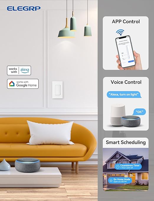 ELEGRP Single Pole Smart Dimmer Light Switch DPR10, 2.4GHz Wi-Fi Dimmer Switch Compatible with Alexa and Google Assistant, Needs Neutral Wire, No Hub Required, UL and FCC Listed, White, 4 Pack
