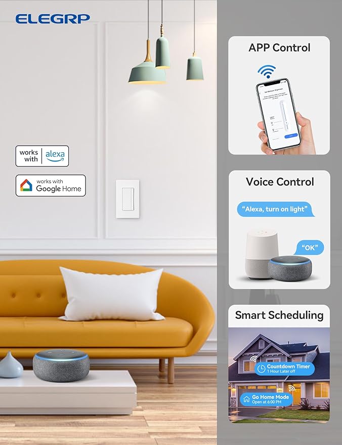 ELEGRP Single Pole Smart Dimmer Light Switch DPR10, 2.4GHz Wi-Fi Dimmer Switch Compatible with Alexa and Google Assistant, Needs Neutral Wire, No Hub Required, UL and FCC Listed, White, 1 Pack